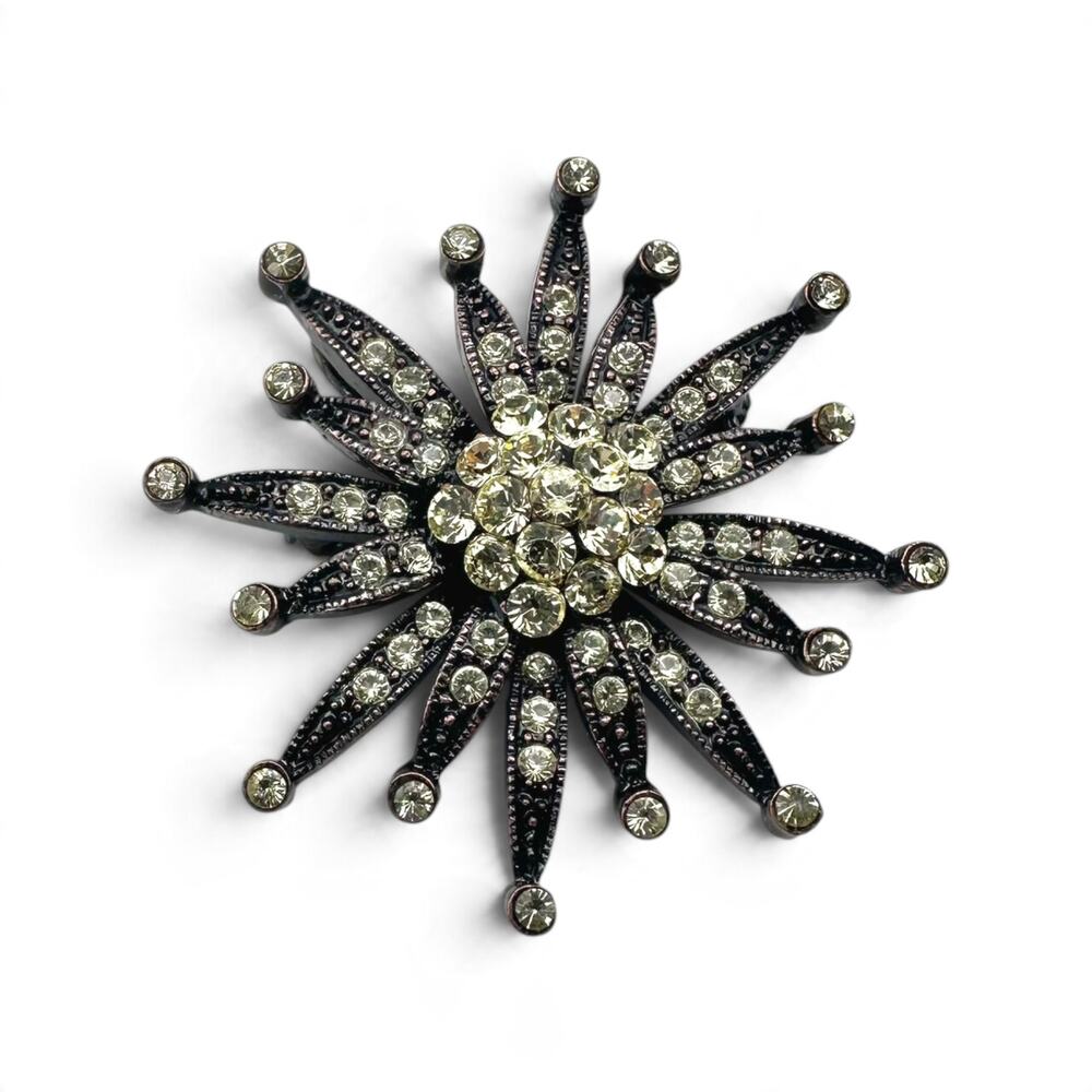 Vintage Starburst Brooch Pendant Pale Yellow Crystal Dark Bronze Tone Jewelry